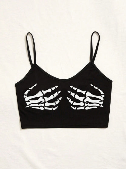 Skeleton Print Crop Cami Top Graphic Tee