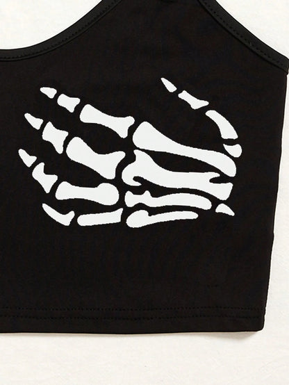 Skeleton Print Crop Cami Top Graphic Tee