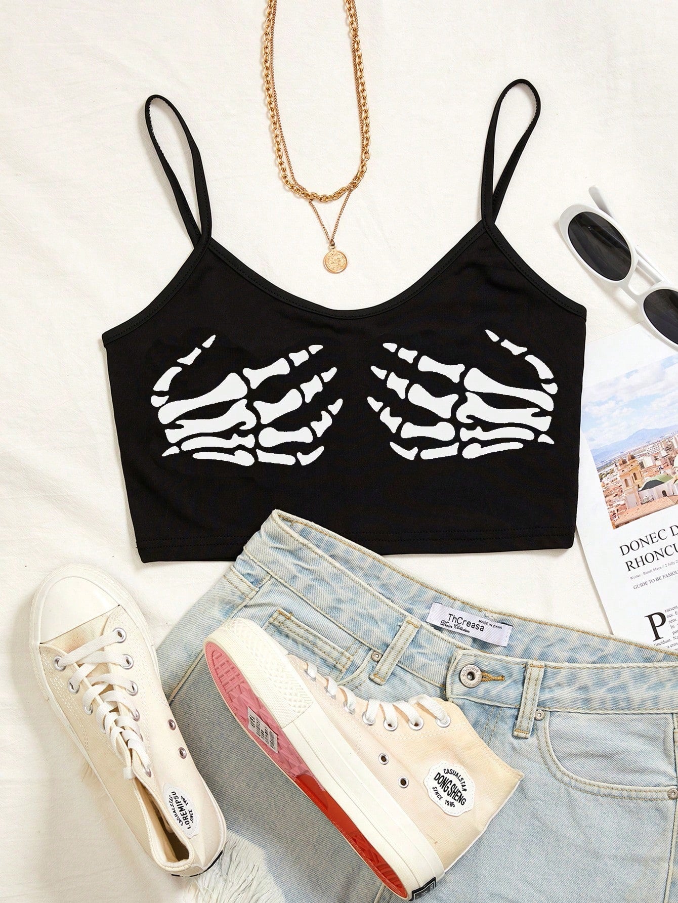 Skeleton Print Crop Cami Top Graphic Tee