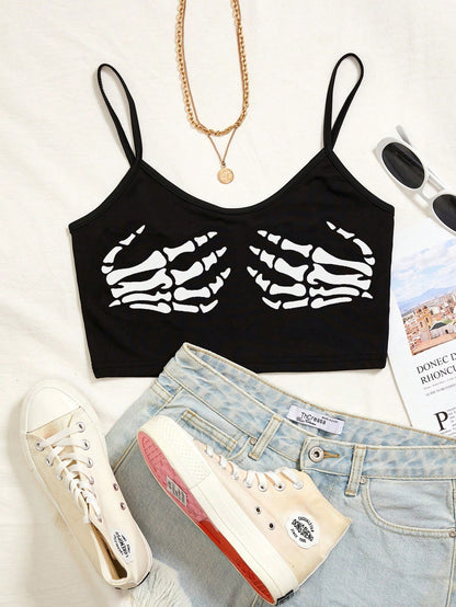 Skeleton Print Crop Cami Top Graphic Tee