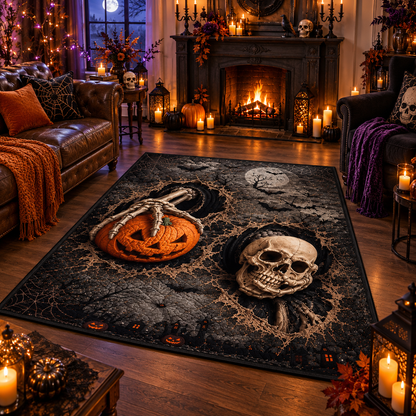 Skeleton Pumpkin Spooky Skull Halloween Area Rug
