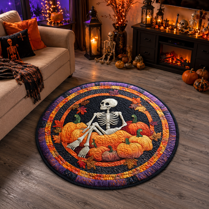Skeleton Sitting On Pumpkins Fall Leaves Halloween Quilt Round Rug