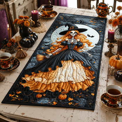 Skeleton Witch Dress and Broomstick Halloween Quilted Table Runner