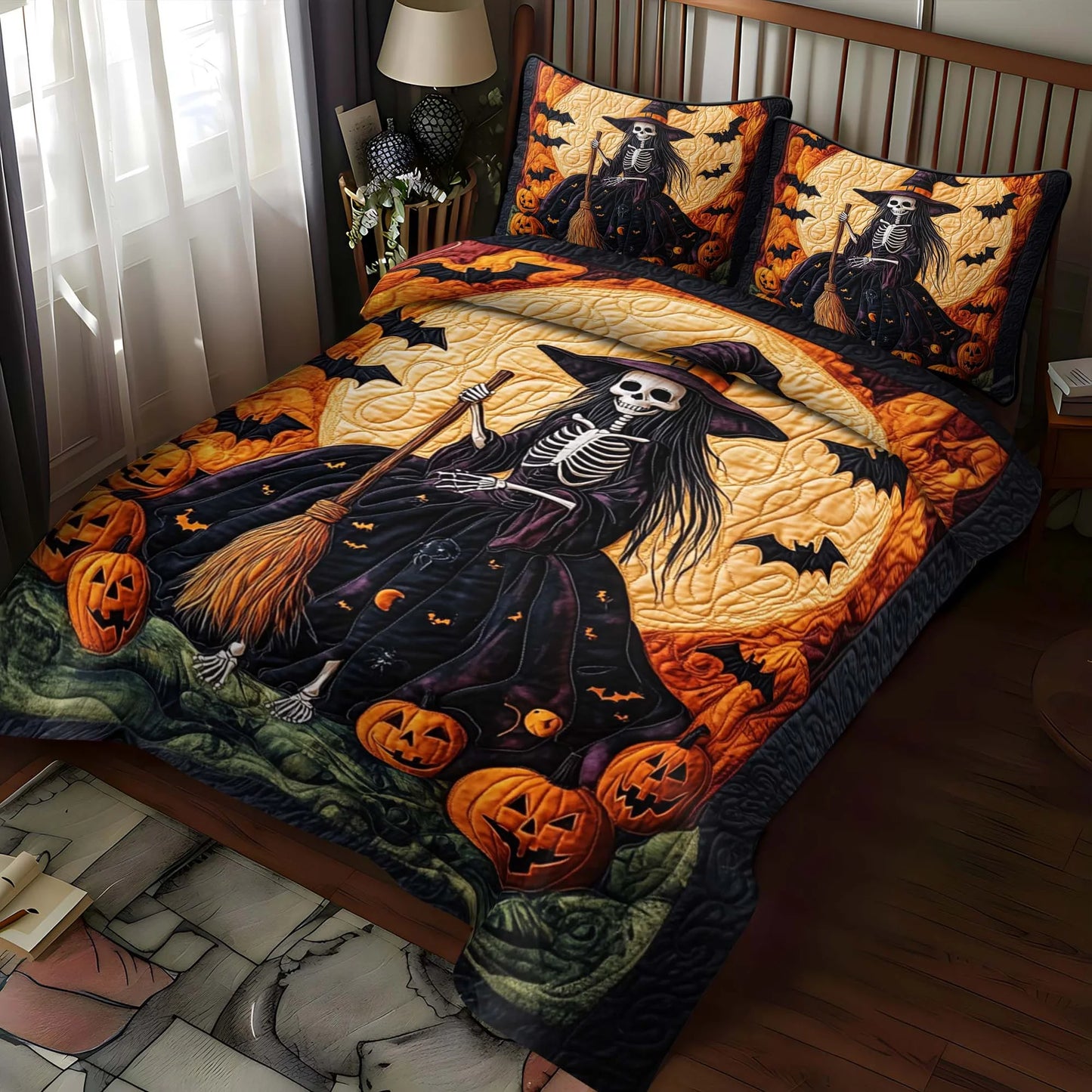 Skeleton Witch Pumpkin Halloween Bedding Set