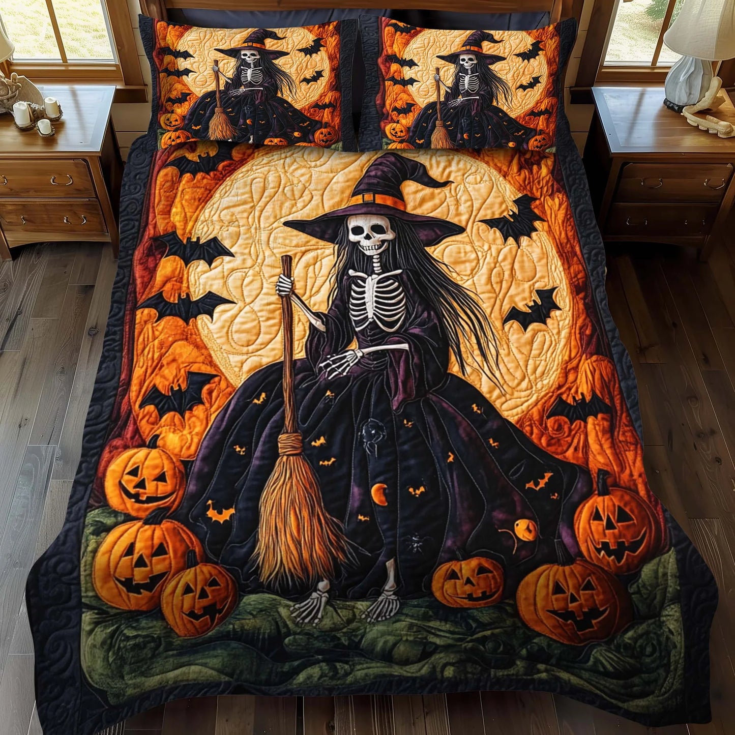 Skeleton Witch Pumpkin Halloween Bedding Set