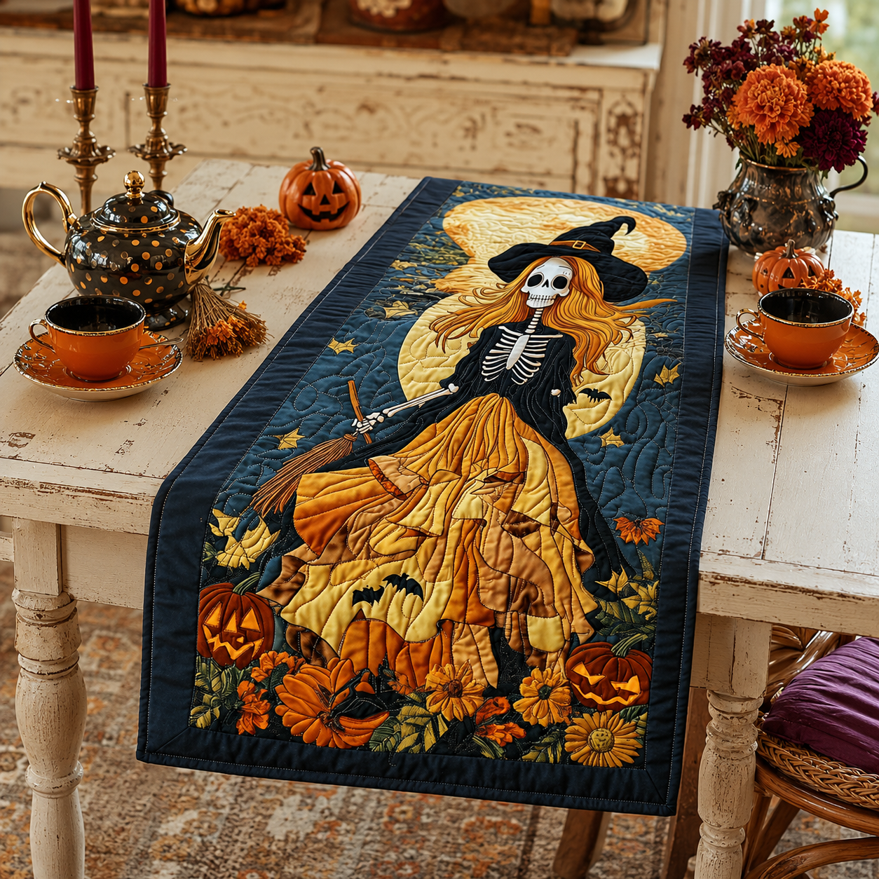 Skeleton Witch with Broomstick Halloween Quilted Table Runner