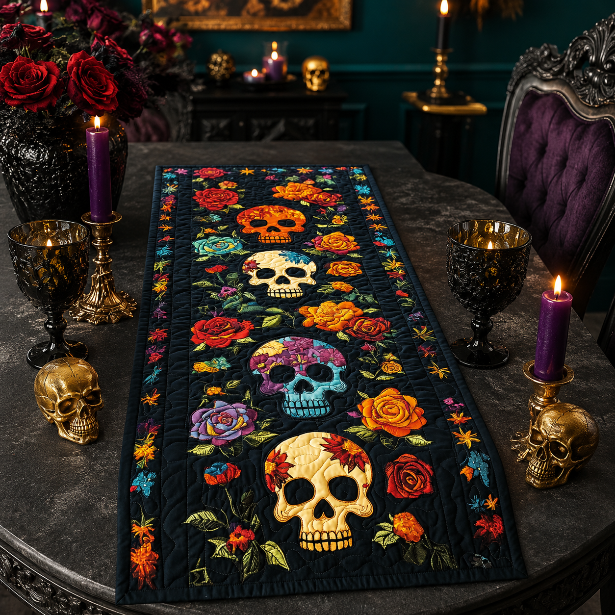 Skull & Rose Quilted Halloween Table Runner