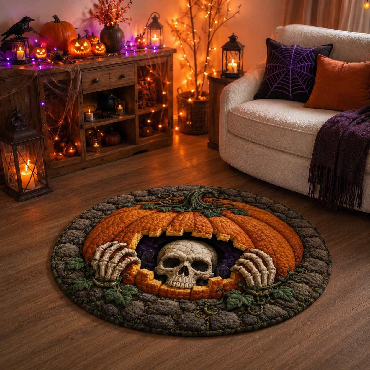 Skull inside Pumpkin with Skeleton Hands Halloween Quilt Round Rug