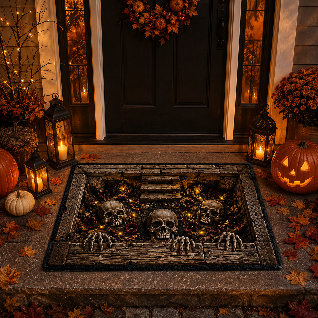 Skulls Wooden Crypt Pit Halloween Gate Doormat