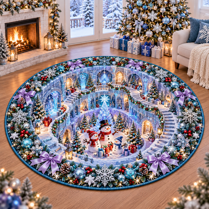 Snowman Crystal Well Christmas Quilted Round Rug Winter Wonderland Carpet