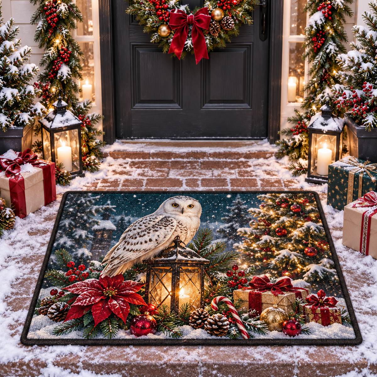 Snowy Owl Christmas Doormat Holiday Lantern Outdoor Mat