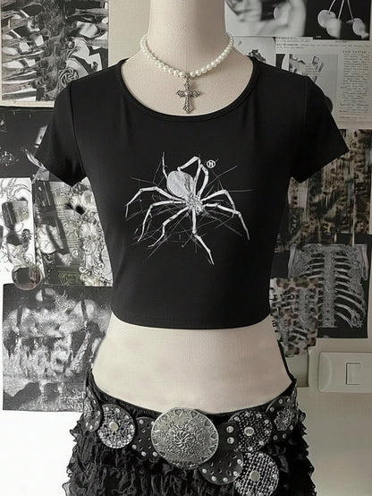 Spider Print Crop Graphic Tee