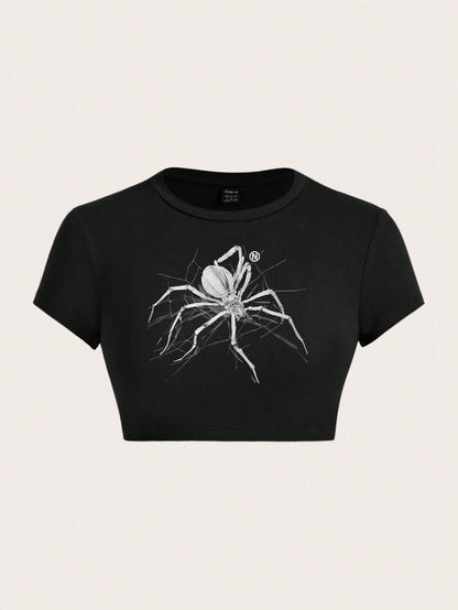Spider Print Crop Graphic Tee