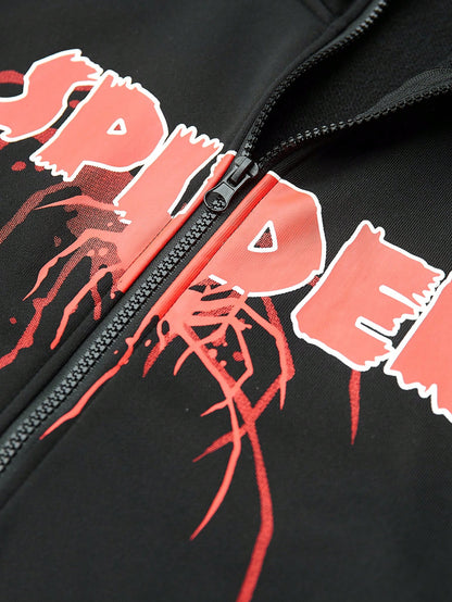 Spider Red Spiky Font Full Zip Polyester Hoodie