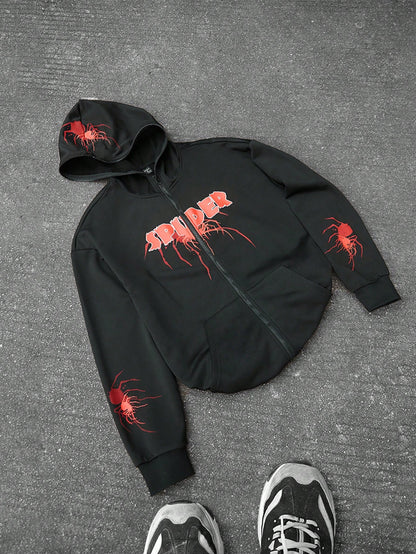 Spider Red Spiky Font Full Zip Polyester Hoodie