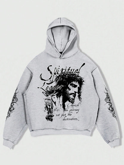 Spiritual Leader Jesus Grey Graphic Hoodie Polyester