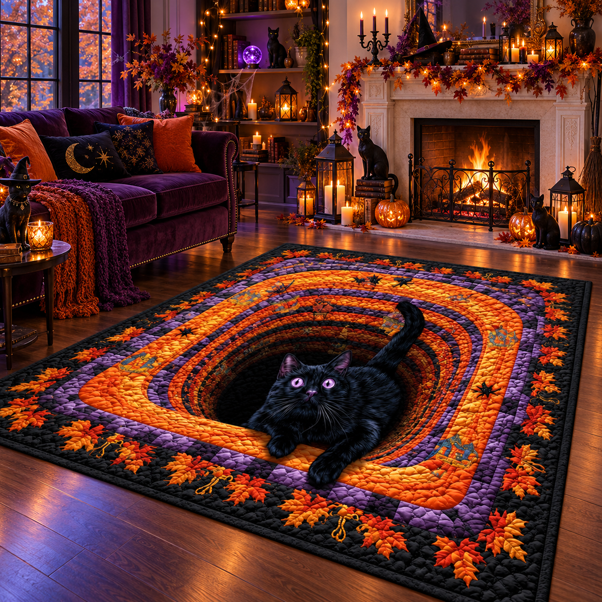 Spooky 3D Black Cat Hole Halloween Area Rug