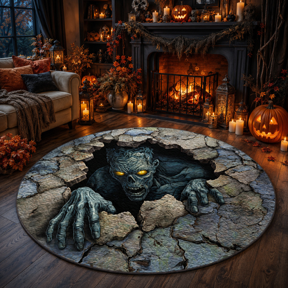 Spooky 3D Monster Emerging From Hole Halloween Quilt Round Rug