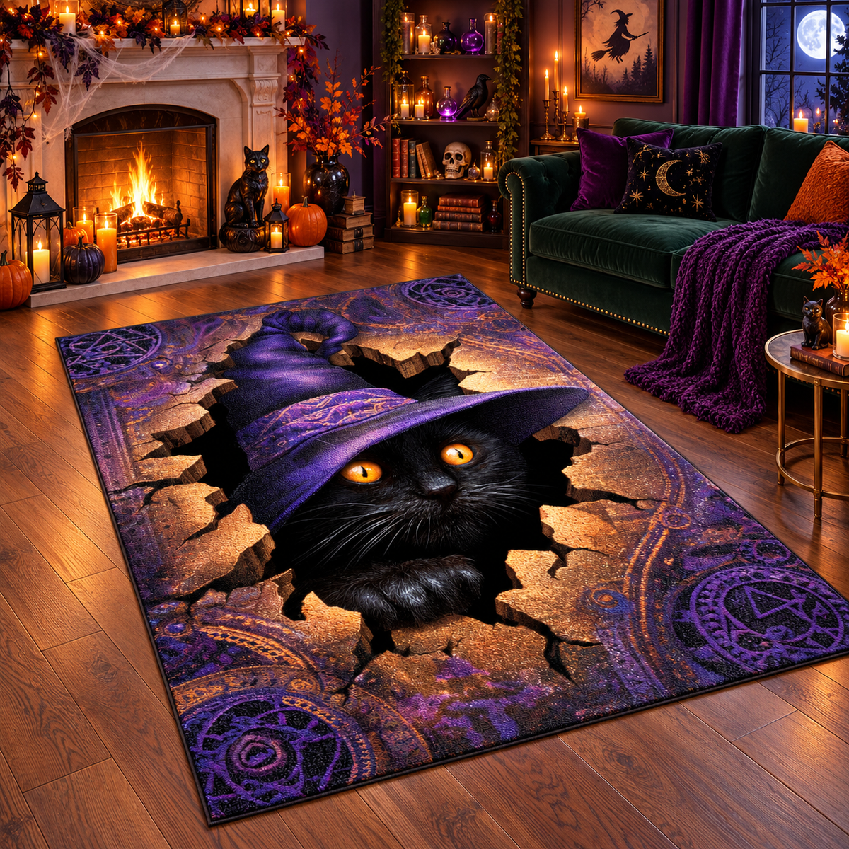 Spooky 3D Witch Cat Halloween Area Rug