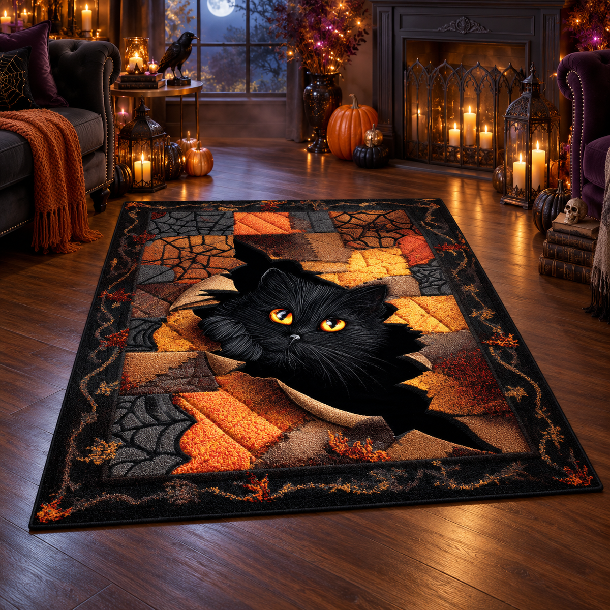 Spooky Black Cat Halloween Area Rug