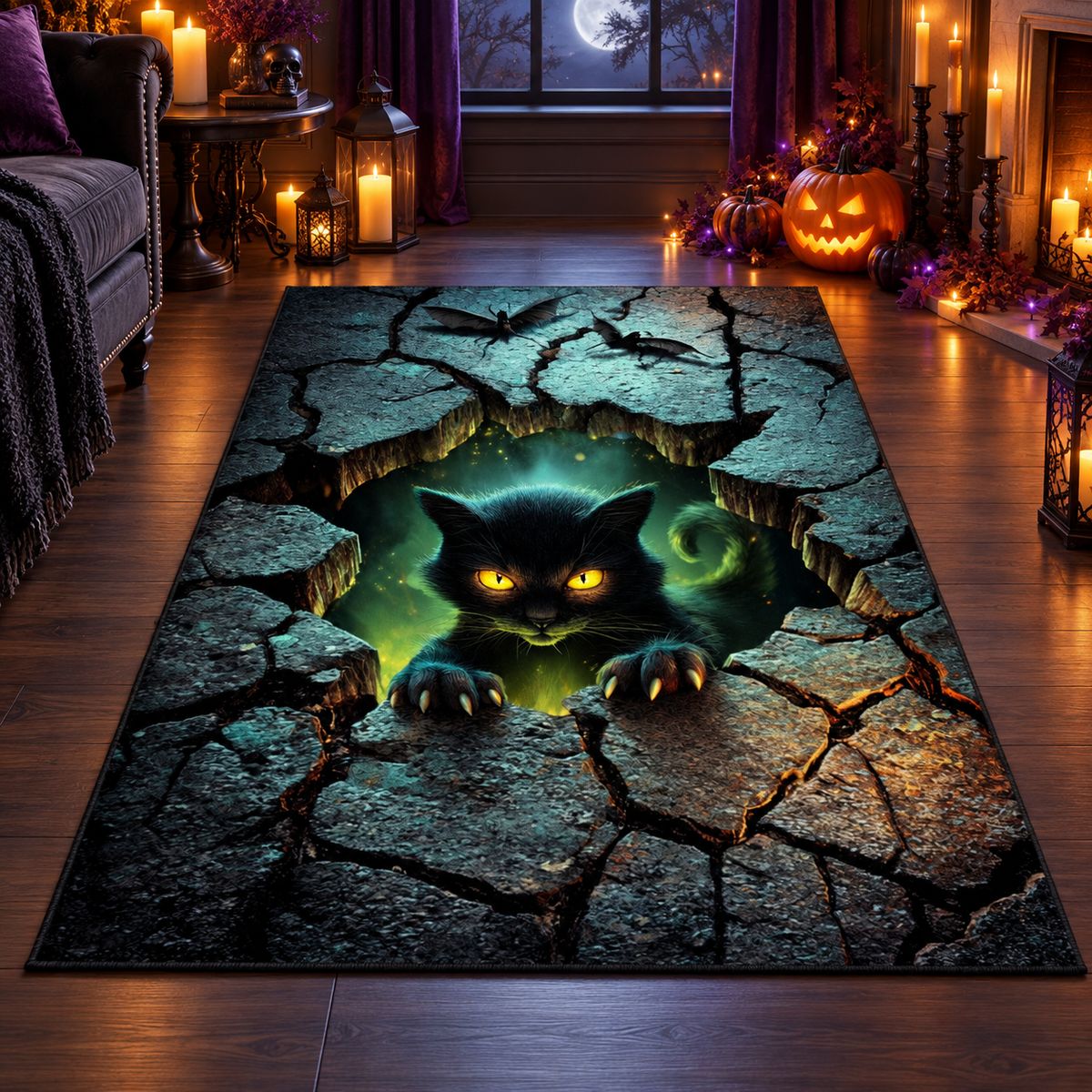 Spooky Black Cat Halloween Area Rug