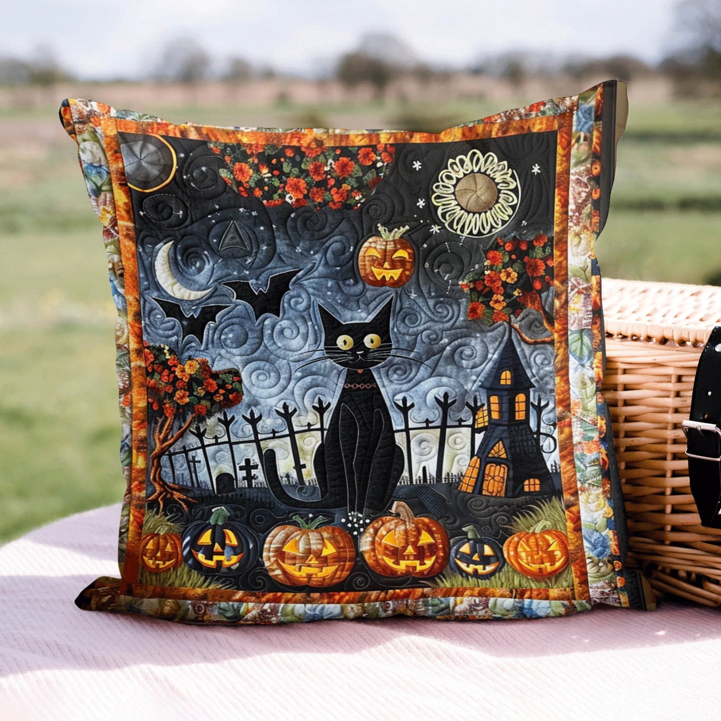 Spooky Black Cat Halloween Quilted Pillow Case