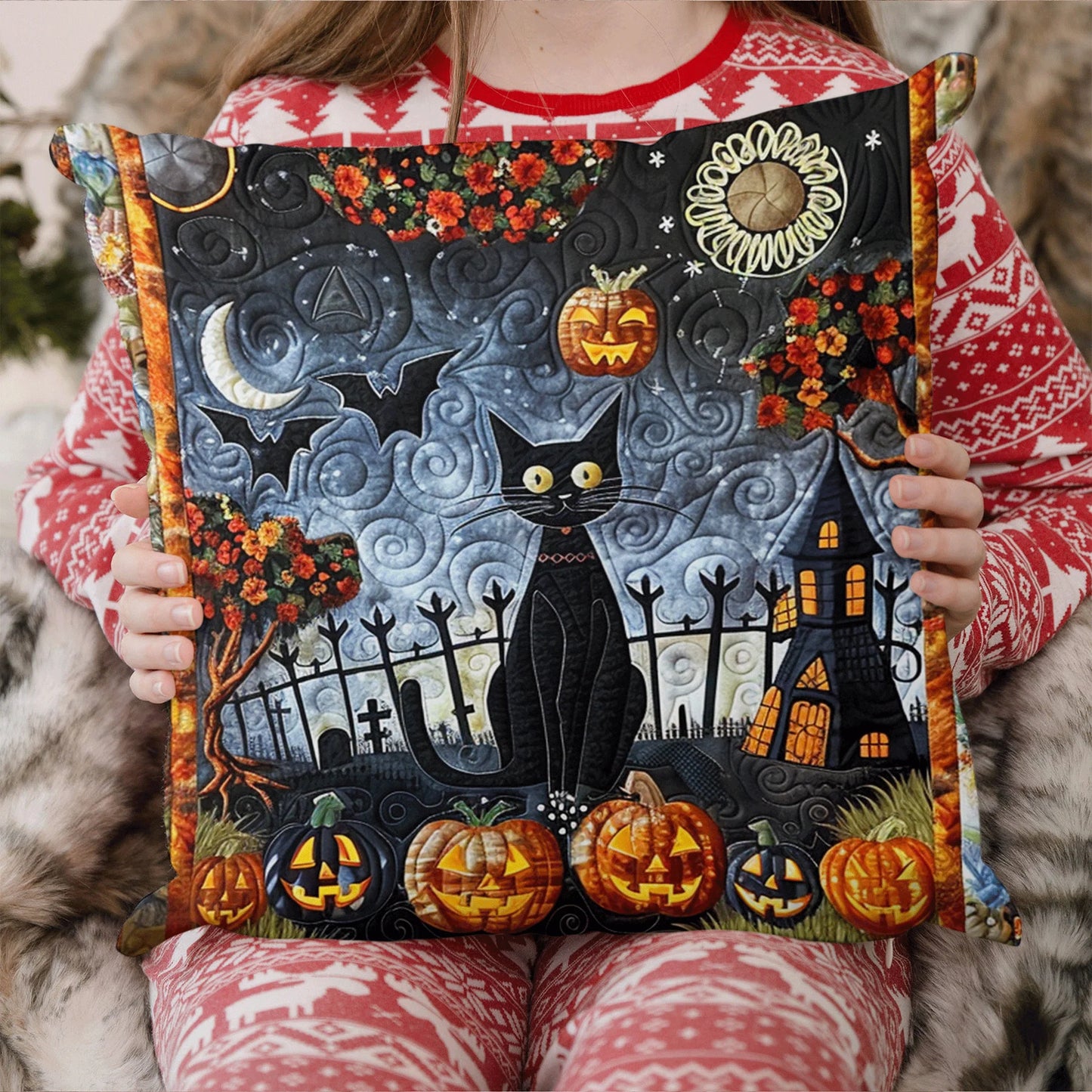 Spooky Black Cat Halloween Quilted Pillow Case