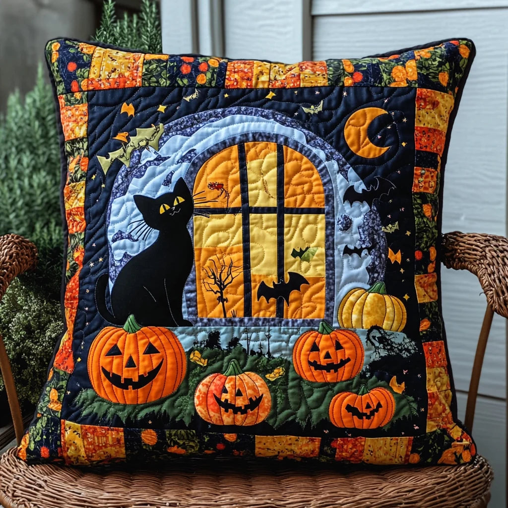 Spooky Black Cat Halloween Quilted Pillow Case
