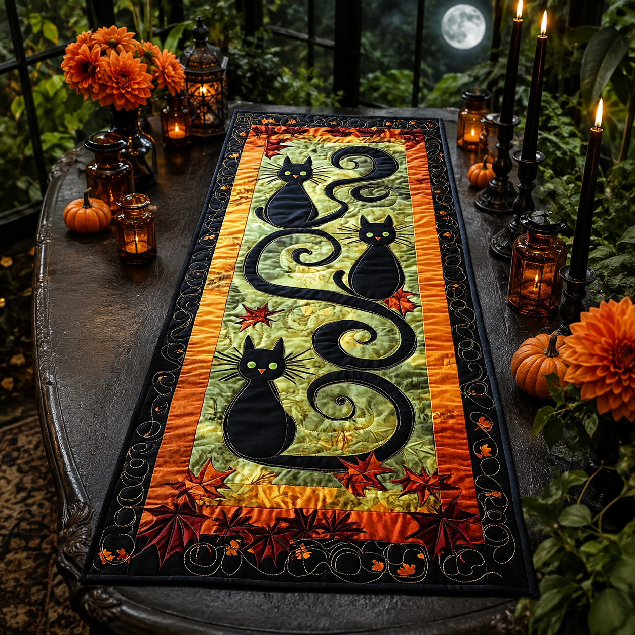Spooky Black Cats Autumn Leaves Halloween Quilted Table Runner