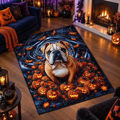 Spooky Bulldog Pumpkin Patch Halloween Area Rug