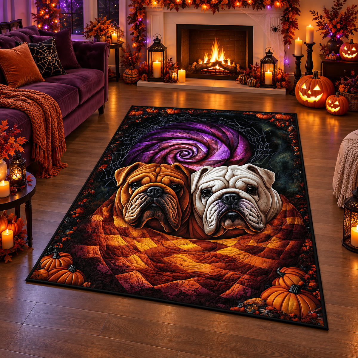 Spooky Bulldog Pumpkin Vortex Halloween Area Rug