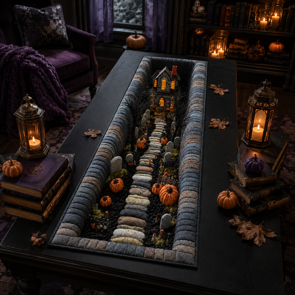Spooky Cemetery & Stone Path Halloween Quilted Table Runner