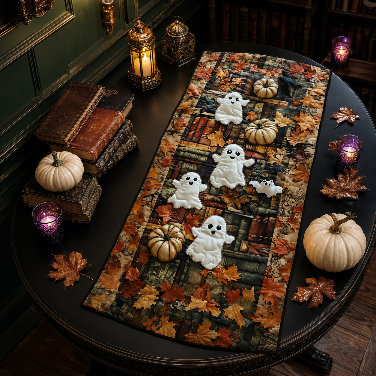 Spooky Cute Ghost Bookshelf Autumn Harvest Halloween Quilted Table Runner