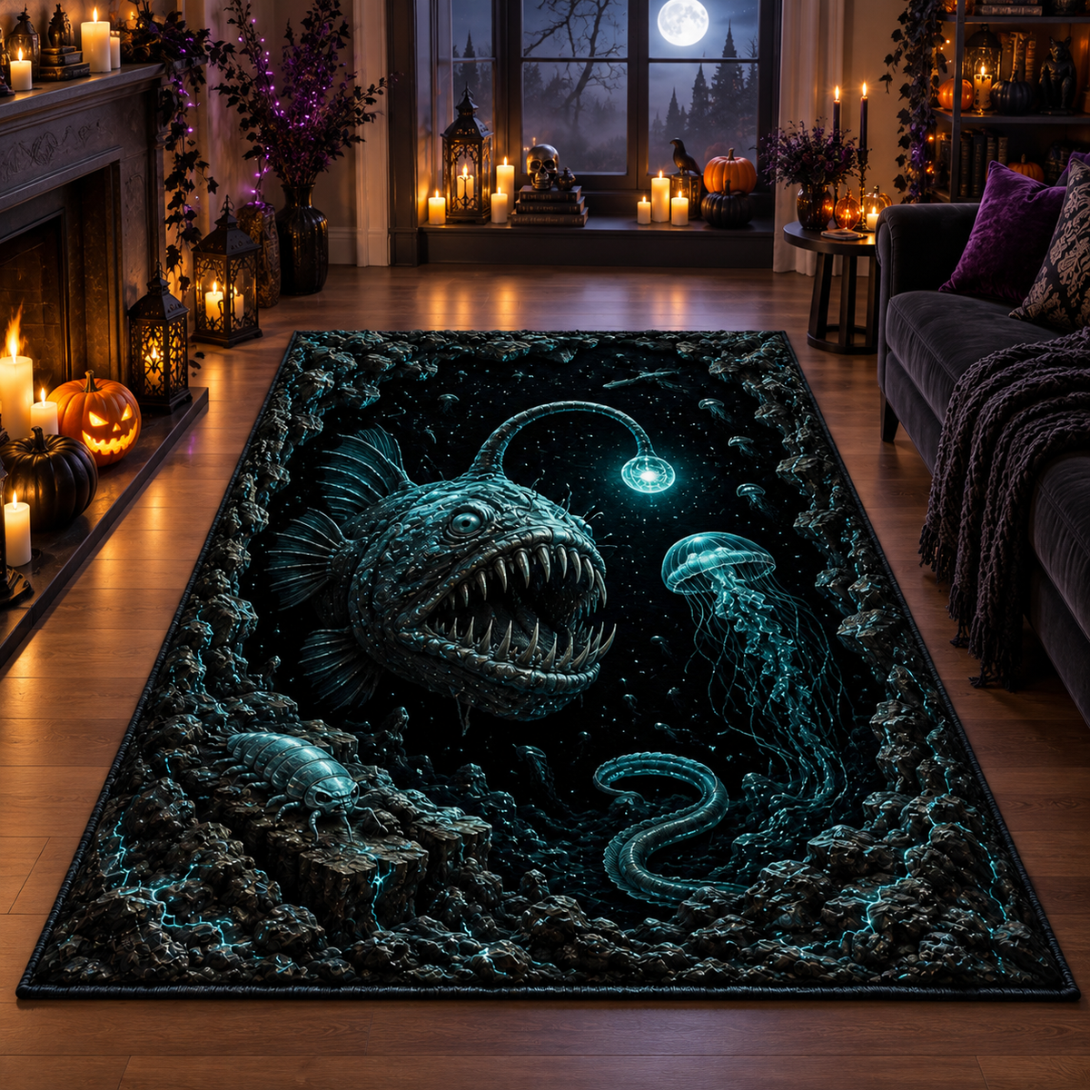 Spooky Deep Sea Anglerfish Halloween Area Rug