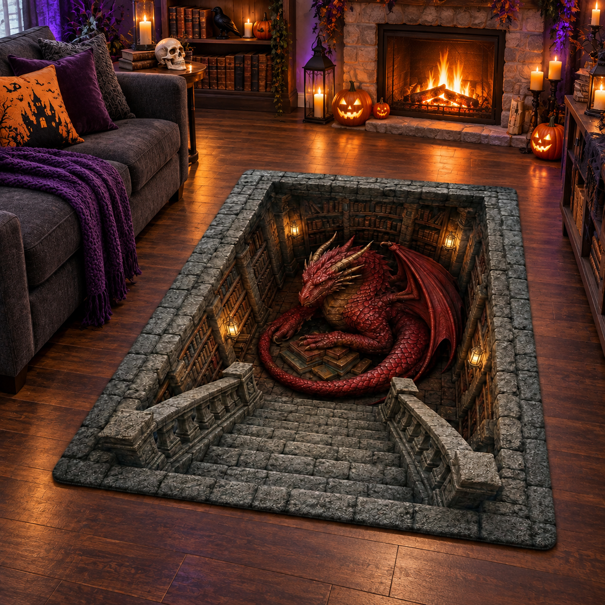Spooky Dungeon Red Dragon Halloween Area Rug