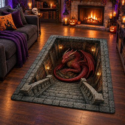 Spooky Dungeon Red Dragon Halloween Area Rug