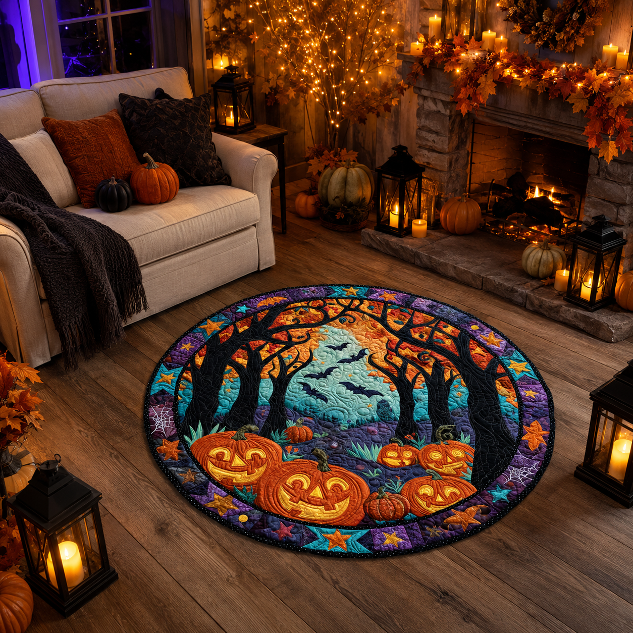 Spooky Forest & Glowing Pumpkins Halloween Quilt Round Rug