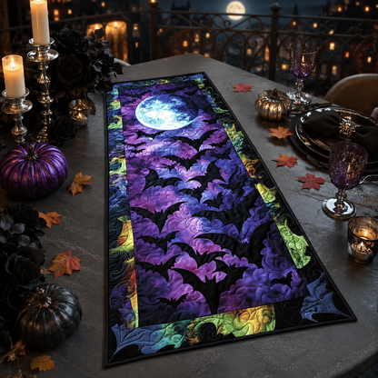 Spooky Full Moon & Flying Bats Halloween Quilted Table Runner