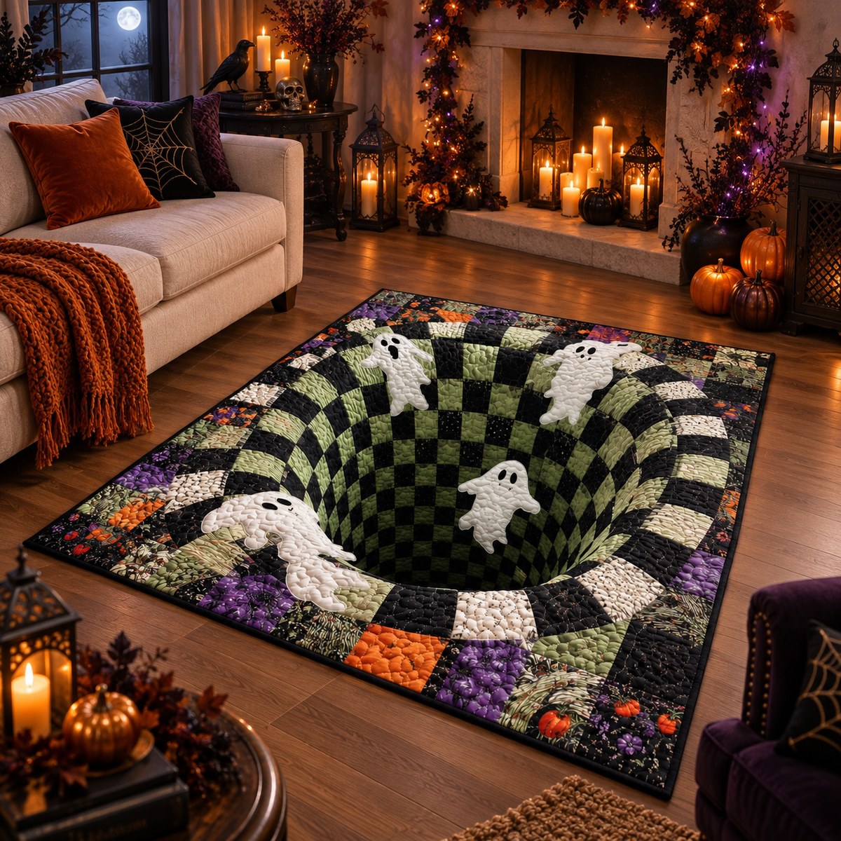 Spooky Ghost Checkered Vortex Halloween Area Rug