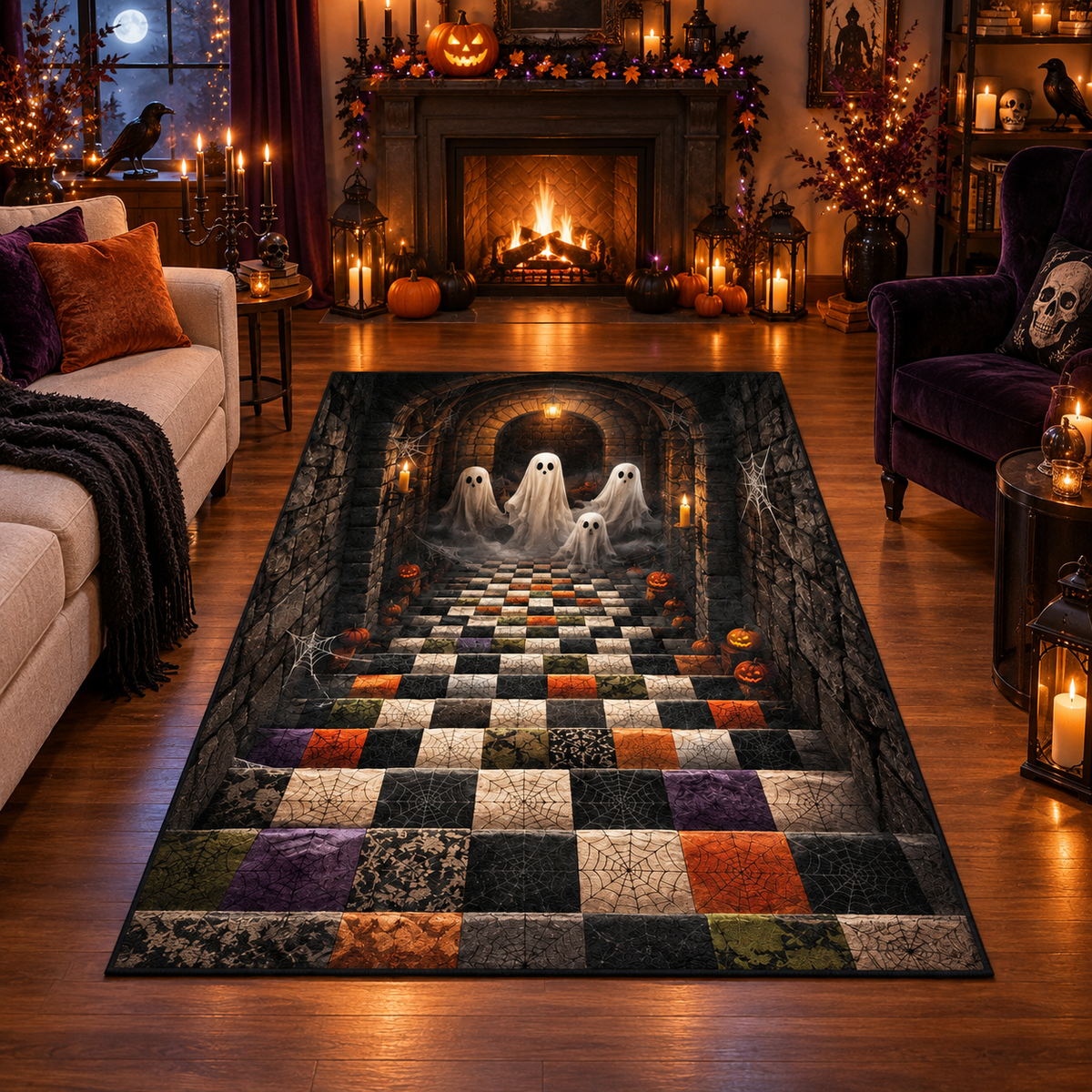 Spooky Ghost Dungeon Stairs Halloween Area Rug