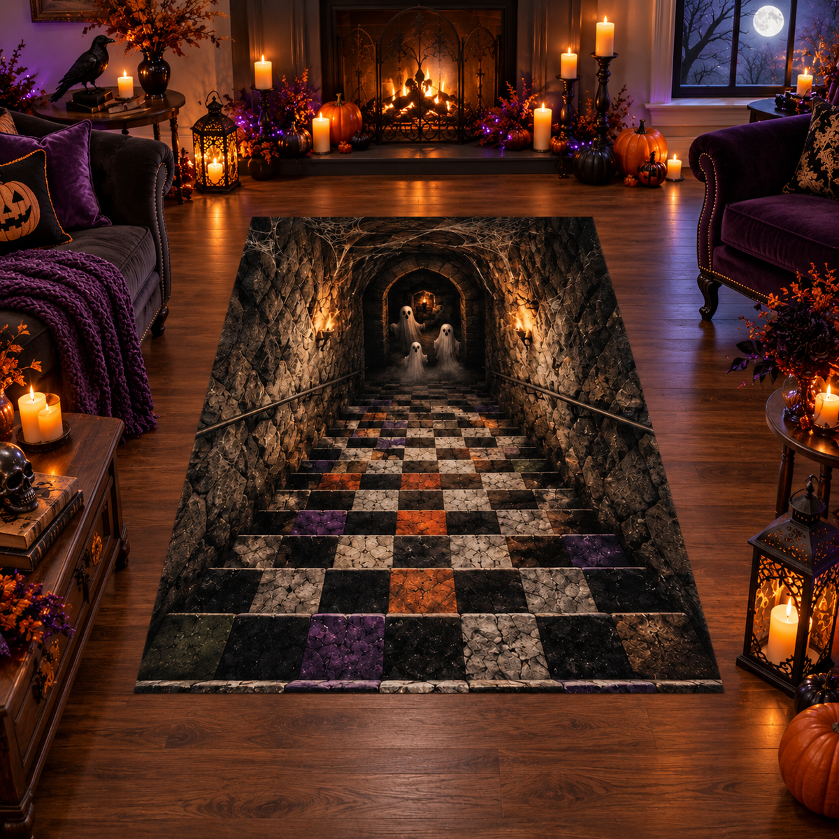 Spooky Ghost Dungeon Stairs Halloween Area Rug
