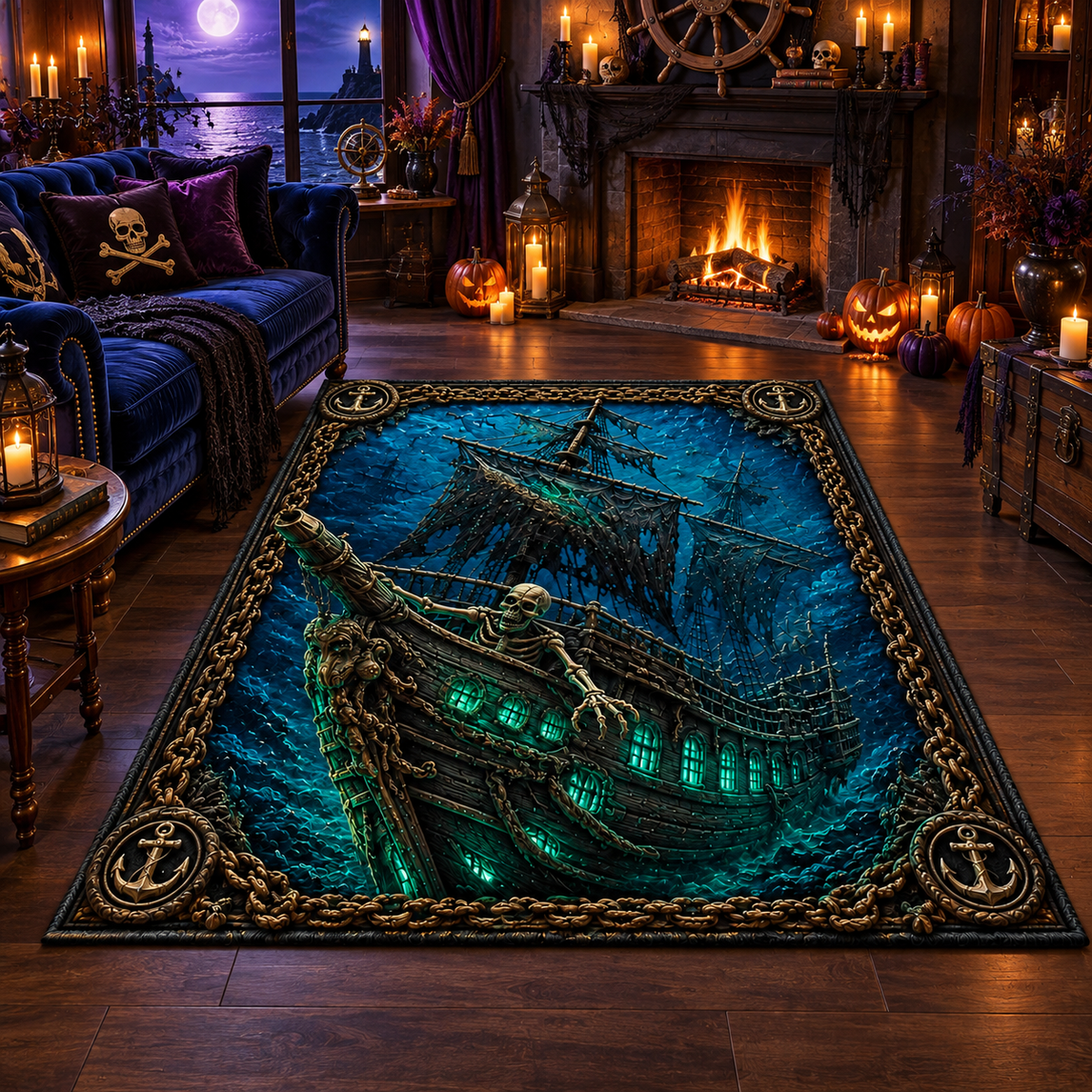 Spooky Ghost Pirate Ship Halloween Area Rug