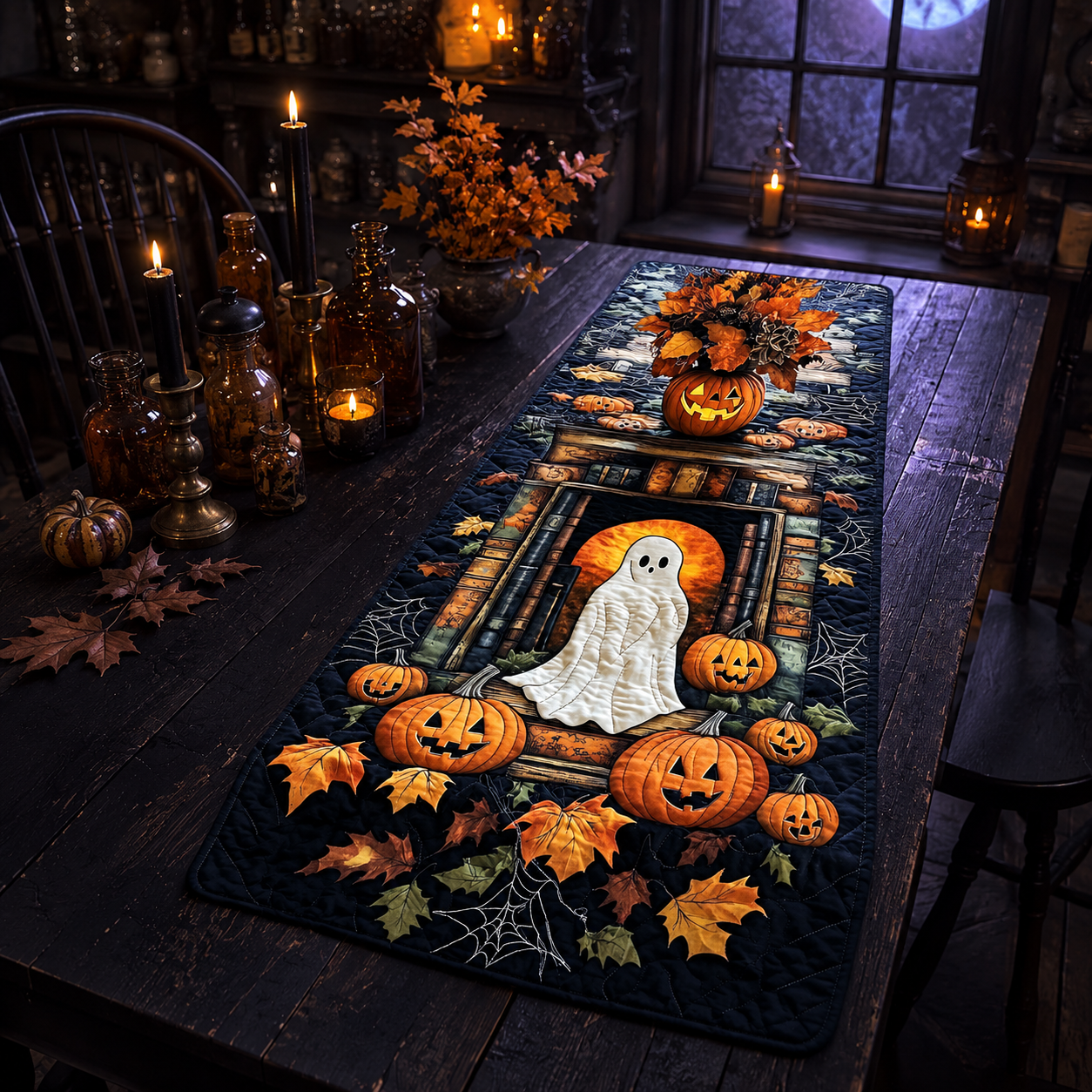 Spooky Ghost & Pumpkins Halloween Quilted Table Runner