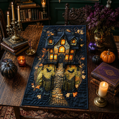 Spooky Glowing Haunted House Halloween Quilted Table Runner