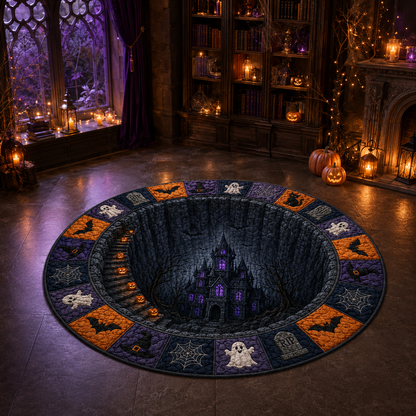Spooky Gothic Castle Staircase Hole Halloween Quilt Round Rug