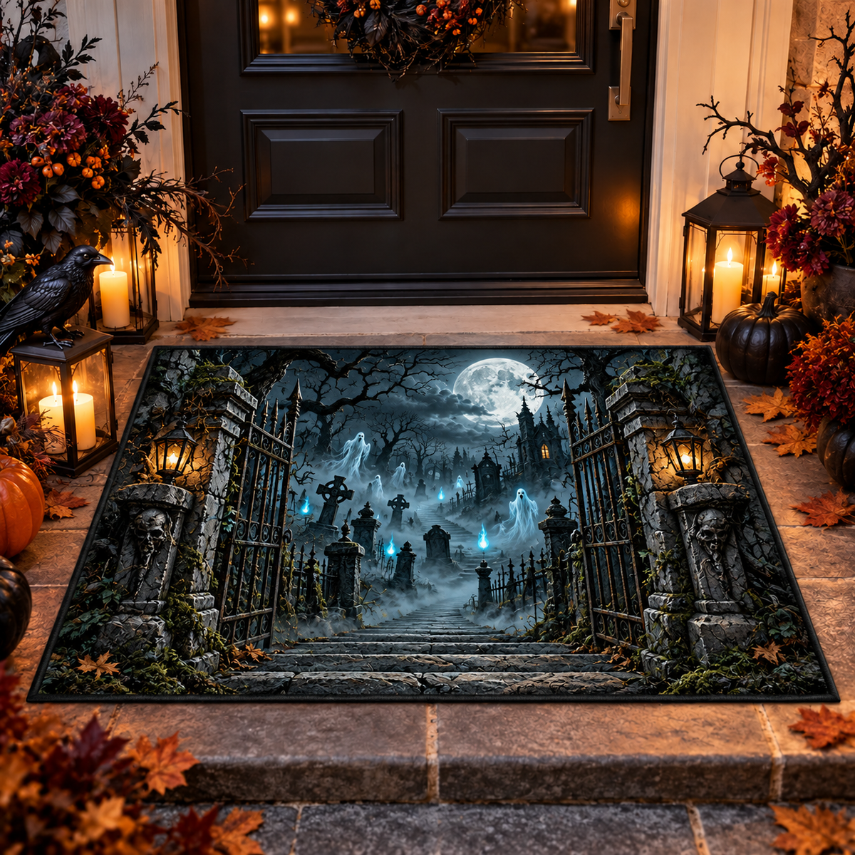 Spooky Graveyard Ghosts Cemetery Entrance Halloween Gate Doormat