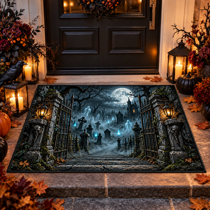 Spooky Graveyard Ghosts Cemetery Entrance Halloween Gate Doormat