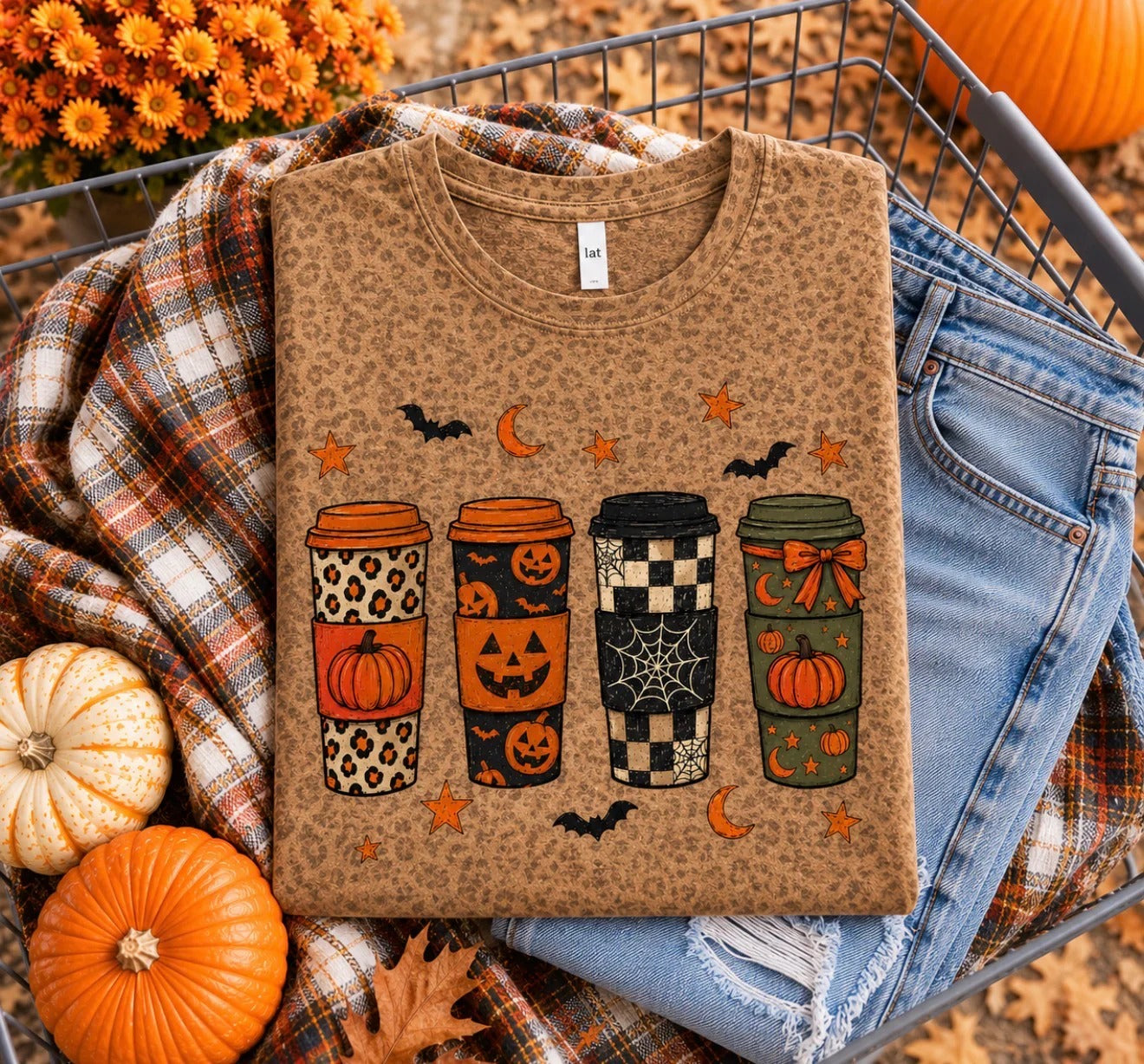 Spooky Halloween Coffee Drinks Leopard Print Graphic Tee