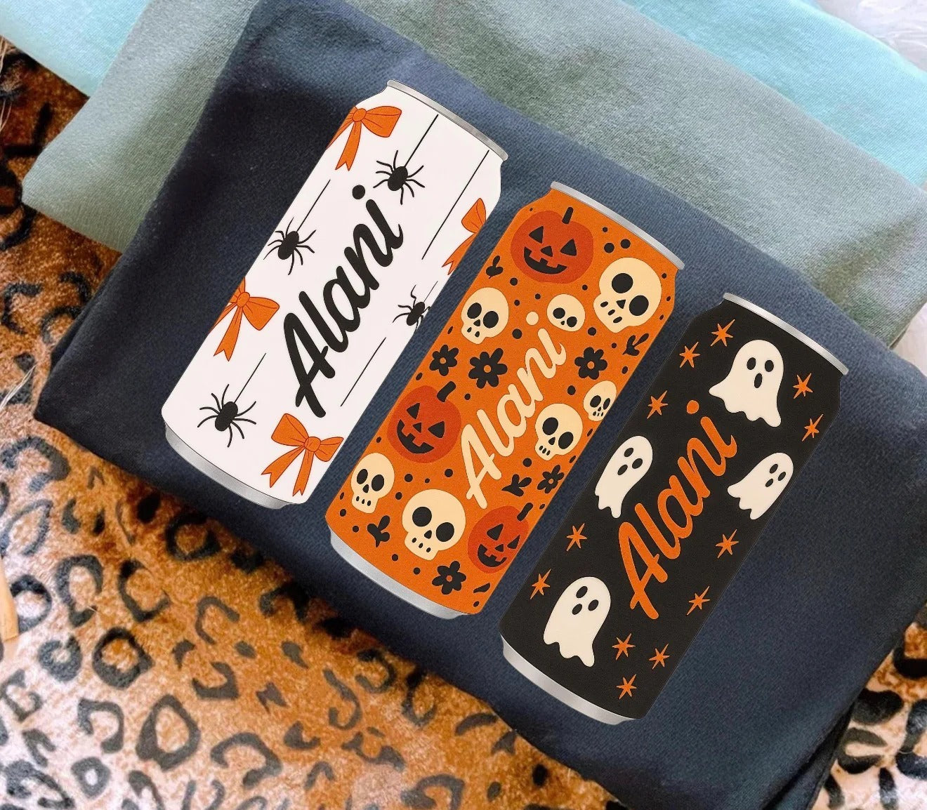 Spooky Halloween Energy Drink Cans Graphic Black Tee Shirt