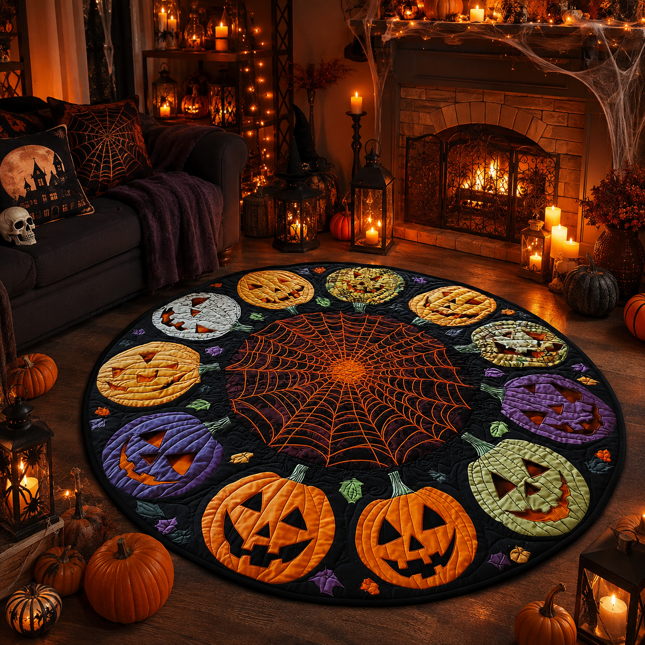 Spooky Halloween Pumpkin Circle Spiderweb Mat Halloween Quilt Round Rug